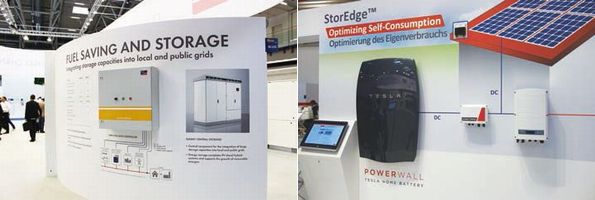（写真左）SMA展示ブースでも大型の蓄電池統合システムを展示、（写真右）テスラ社パワーウォールを組み入れたシステムを紹介するブース