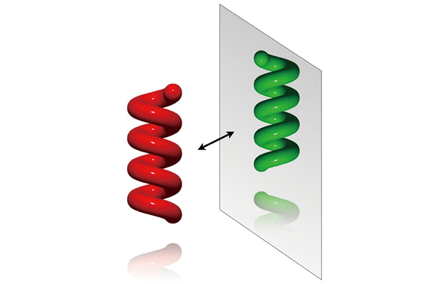 ￼左右性がまったくない汎用プラスチックが、リモネンによって鏡に映るようにらせんの向きに左右ができる。