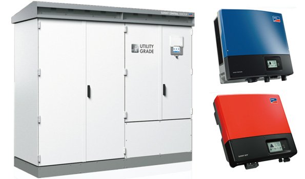 （左）SUNNY CENTRAL 500kW-880kW（右上）SUNNY TRIPOWER 10kW, 20kW（右下）SUNNY BOY 3.5kW, 4.5kW