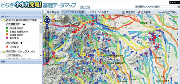 地図上に小水力発電に必要な情報が表示されている