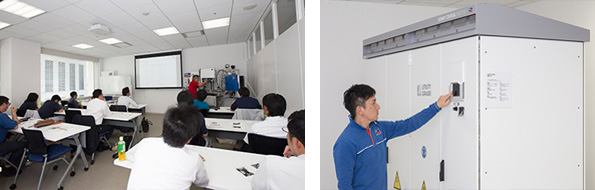 SMAジャパン本社セミナールームで開催される研修「ソーラーアカデミー」（写真左）と、研修で活用される大型パワコン（写真右）