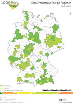ドイツの100%再エネ地域を色付けした地図
