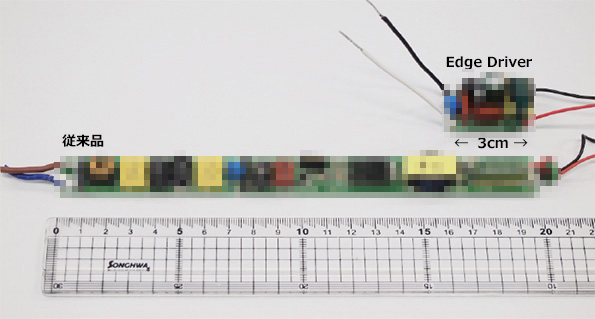 電源ユニットを技術革新により3cmにサイズダウン（写真上）Edge Driver（写真下）従来品の電源ユニット