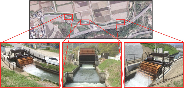 山梨県韮崎市に設置された三連の「開放型振り子式下掛け水車」