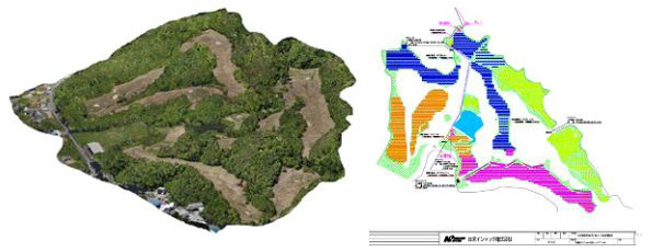 左）【敷地測量】広大な敷地では、平面図だけではわからない起伏・傾斜がある。こうした測量は、ドローンによるレーザー測量を活用しており、大規模メガソーラー企画検討の効率UPに繋がる。<br> 右）【パネルレイアウト作成】測量結果にもとづき、敷地内起伏傾斜、太陽による日影を考慮したパネルレイアウト図を作成