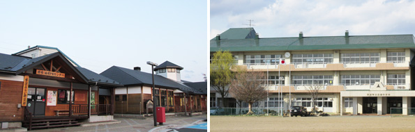 屋根貸し対象施設の紫波中央駅待合施設(左)と古舘小学校(右)