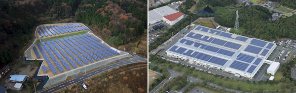 (左)「文化シヤッター西山太陽光発電所」(新潟県柏崎市) (右)「掛川工場」(静岡県掛川市)