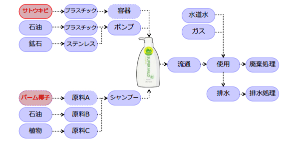 事例集に挙げられている、株式会社資生堂によるシャンプー(1本、植物性プラスチック使用)のライフサイクルのシステム境界図。各プロセスにおいて水資源の消費が想定される