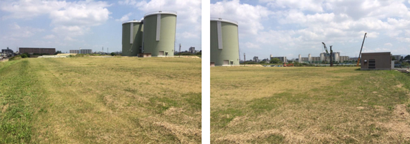  候補地のひとつ、浅香山配水場。芝生のように見えるが、地下は配水池になっており、RC造の屋根だ。当然アンカーは使用できない 