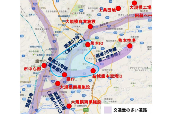 最初の水素ステーションは、熊本市中心部から国道57号・県道36号
線付近までの幹線道路沿いが適地