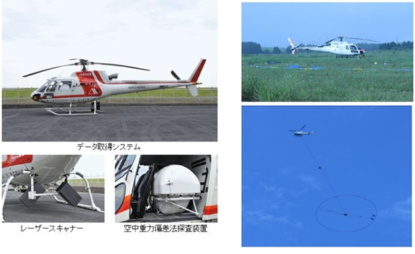 (写真左)空中重力偏差法探査用機器、(写真右)空中電磁探査の調査機体と測定風景