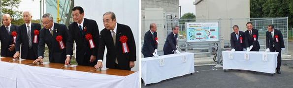 (写真左)鶴岡バイオガスパワー起動セレモニー(写真中央・鶴岡市榎本市長)、(写真右)守谷バイオガスパワー起動セレモニー(写真中央・守谷市会田市長)
