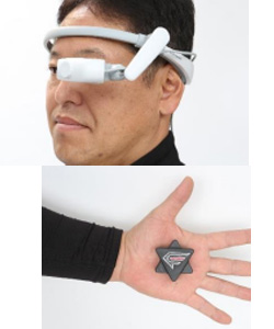 (写真上)SKY VISION ドローン専用単眼モニター(試作品)、(写真下)SKYSCAN BEACON 所在不明時探索用発信機
