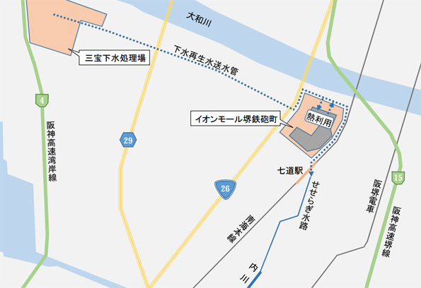 イオンモール内で利用した水は、最終的には内川へ流れ込む