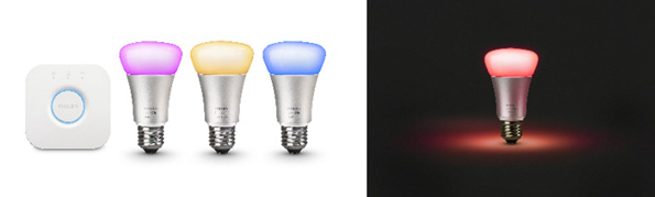 「Philips Hueスターターセット v2」には、800lmのLEDランプ3つと、Hueを操作するためのブリッジが同梱されている