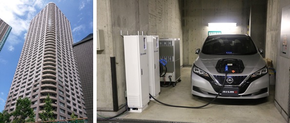 稼働実証が行われた超高層住宅と地下駐車場で電源供給する電気自動車