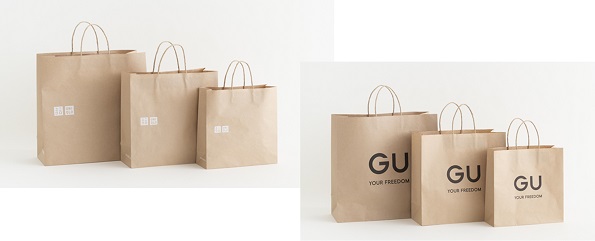 9月から全世界で順次導入する環境配慮型紙製ショッピングバッグ
（左：ユニクロ　　右：ジーユー）