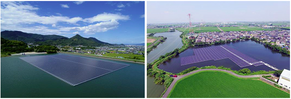左から、御厩池水上太陽光発電所（香川県）、平池水上太陽光発電所（岐阜県）