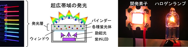 棒状に成形された蛍光体の写真（左）、今回開発した超広帯域発光素子の構造の概略図（中央）、開発した素子と5 Wハロゲンランプ の発光している様子の比較（右）