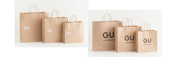 環境配慮型紙製ショッピングバッグ　（左）ユニクロ、（右）ジーユー