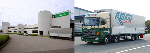 （左から）ミツカン栃木工場とレンゴー配送トラック（出所：ミツカン）