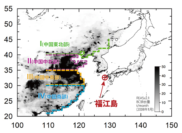 長崎県・福江島の位置。地図の背景はブラックカーボンの排出量推計マップ（出所：神戸大学）
