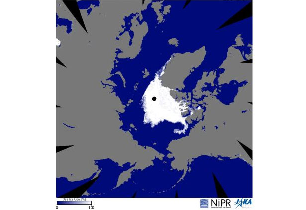 JAXAの水循環変動観測衛星「しずく」の観測データによる2020年9月13日の北極の海氷分布（出所：JAXA）