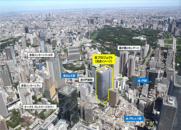 虎ノ門・赤坂エリアの概況（2020年8月時点の鳥瞰写真に外観イメージパースを合成）（出所：大成建設）