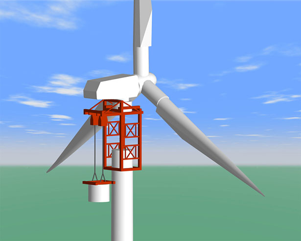 風力発電用の200m級タワーとその架設機械のイメージ（出所：三井住友建設）