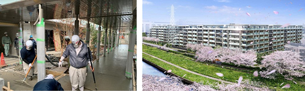 （左）H‐BAコンクリートが採用された中庭の回廊、（右）「ルネ横浜戸塚」の外観予想パース
（出所：長谷工コーポレーション）