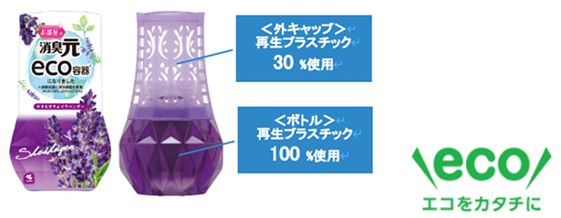 「消臭元」は3月から再生プラを使用した容器にリニューアルする。画像右は「エコをカタチに」マーク（出所：小林製薬）
