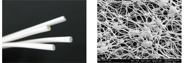 （画像左から）PTFEポアフロン（R)中空糸膜、膜表面の拡大写真