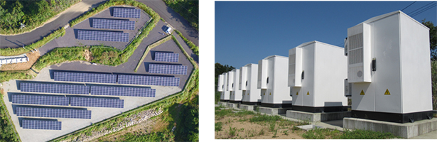 （左）大口発電所 50kW、（右）BYD社製 蓄電システム（出所：MURAOKA PARTNERS）