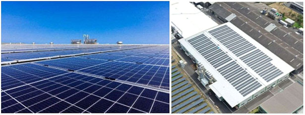 （写真左から）新工場棟に設置した太陽光発電設備、住友林業クレスト鹿島工場新工場棟（出所：住友林業）