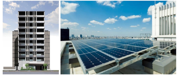 （左から）「ザ・パークハビオ文京江戸川橋」イメージパースとマンション屋上に設置する太陽光発電パネルイメージ（出所：三菱地所レジデンス）
