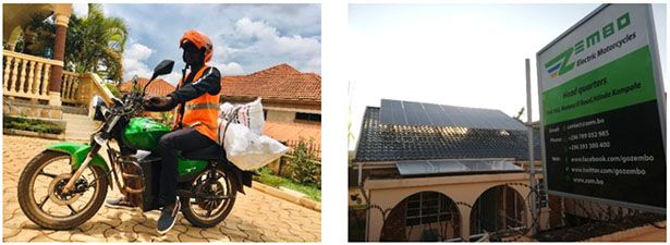 （左）ゼンボ社の電動バイク、（右）太陽光パネル付きバッテリー交換ステーション