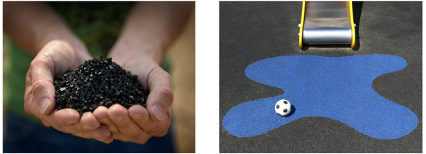 （左）廃タイヤをリサイクルして作られた粒状ゴム素材、（右）同素材を敷き詰めた遊戯場（出所：伊藤忠商事）