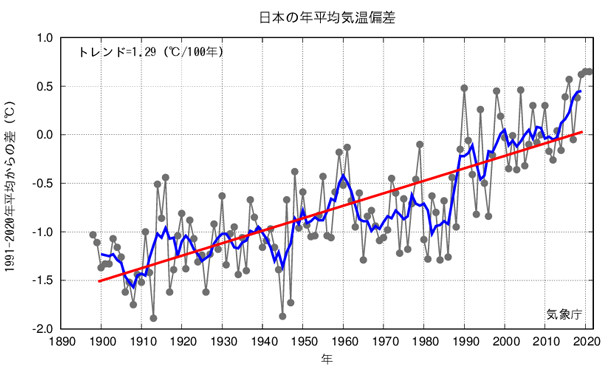 日本の年平均気温偏差の経年変化（1898～2021年※）
※2021年は1～11月の期間から算出した値（速報値）を用いている。基準値は1991～2020年の30年平均値（出所：気象庁）