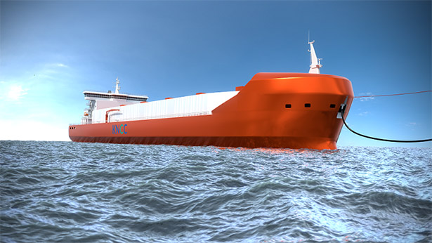 バウローディングシステム（船首から荷役作業を行うシステム）を備えた液化CO2輸送船のイメージ（出所：日本郵船）