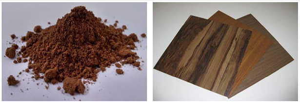（左）リグニンの粉末、（右）リグニンを使用したメラミン化粧板（出所：アイカ工業）