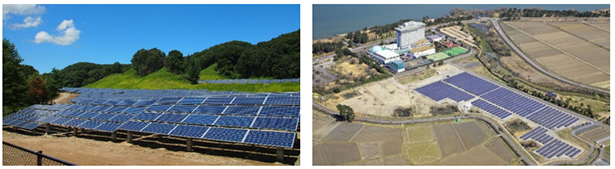 森トラストの再生可能エネルギー事業。（左）森トラスト・エネルギーパーク泉崎と（右）森トラスト・エネルギーパーク琵琶湖（出所：森トラスト）