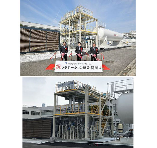（左）実証施設開所式の様子／（右）メタネーション装置（出所：東京ガス）