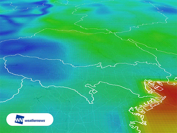 1kmメッシュの風速データの出力イメージ（出所：ウェザーニューズ）