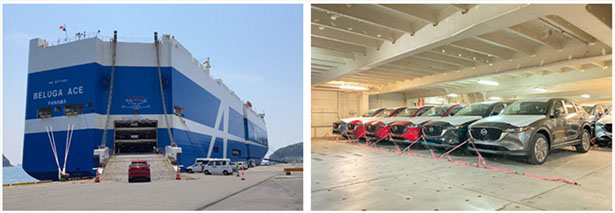 BELUGA ACE広島寄港時の荷役風景と、船積みされたマツダ製完成車（出所：商船三井）