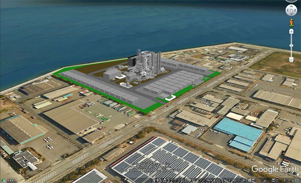 Google Earthオーバーレイで作成した発電所イメージ（出所：長府バイオパワー）