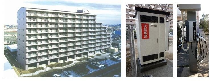 与野本町ハイツ外観写真と今回設置した蓄電池・EV充電器(出所:中央電力)