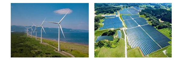 （画像左から）東急不動産が保有する北海道「リエネ銭函風力発電所」と千葉県「リエネ長南太陽光発電所」（出所：東急不動産）