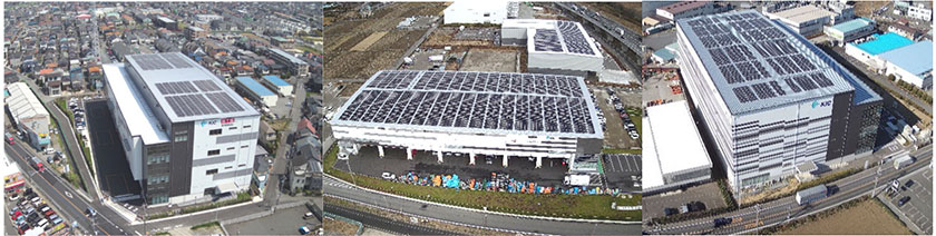 （左から）KIC越谷ディストリビューションセンター（年間予想発電量約180MWh）、KIC 厚木ディストリビューションセンター（同約740MWh ）、KIC 狭山日高ディストリビューションセンター（同約310MWh ）（出所：日本アジア投資）