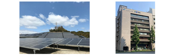 （左）FIP制度を適用している発電所「青柳ソーラーパークⅡ」、（右）電力供給対象物件である「NEWNO・ザイマックス博多駅前」（出所：三井住友ファイナンス＆リース）