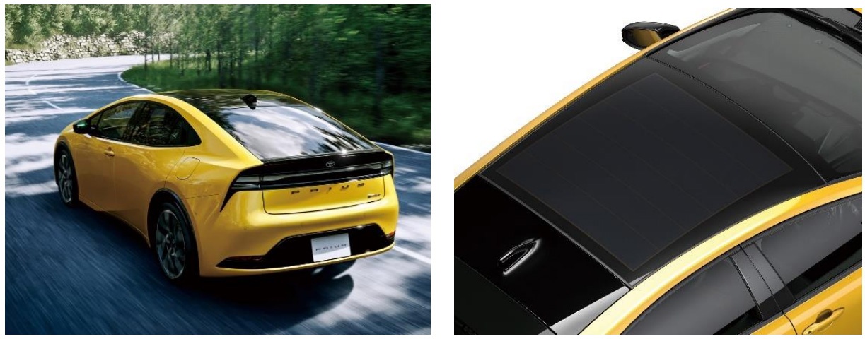 （左）新型プリウスPHEV、（右）カネカの車載太陽電池（出所：トヨタ自動車）